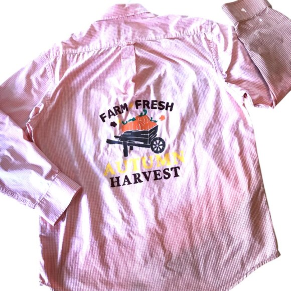 Painted Shirt, Autumn Theme, Size L:  Fall Pumpkin, Ombre Bleached Button-Down - Picture 8 of 10